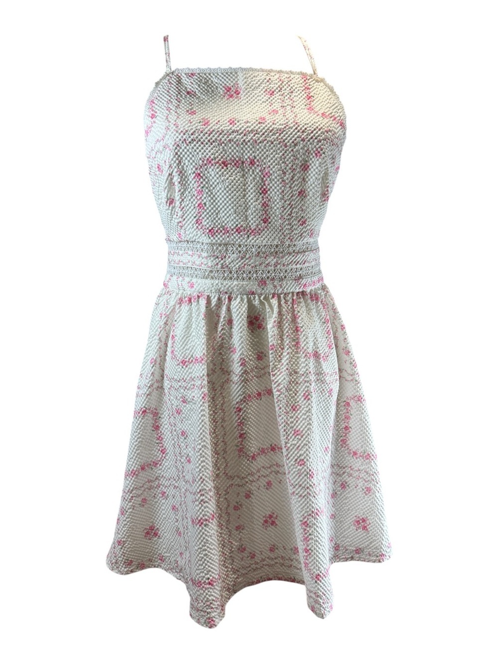 Altar'd State Pink Floral Seersucker Eyelet Lace Tie Back Dress Medium M | NWT